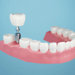 Dental implant, Fix missing teeth with metal screw, teeth crown treatment 3D rendering